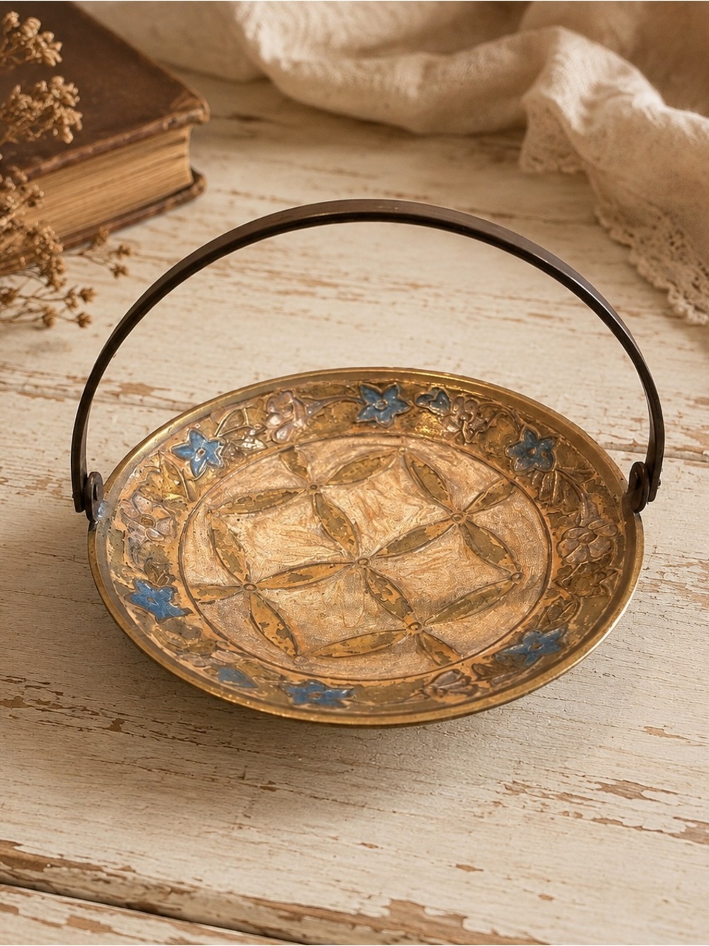 Vintage India Solid Brass Enamel Floral Basket Trinket Dish Boho Decor